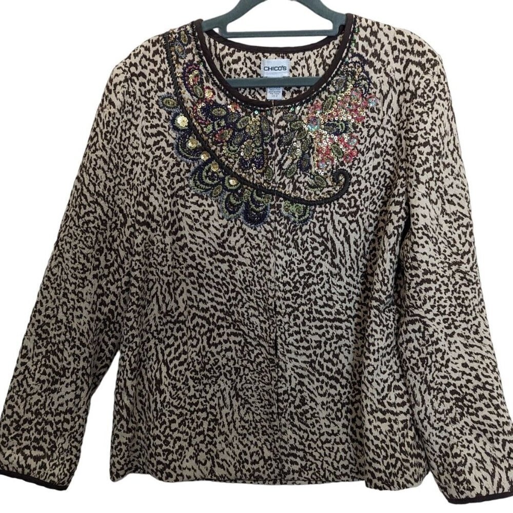 CHICOS Women size 2 Large Leopard Print Hook Front Jacket Sequin Animal Print